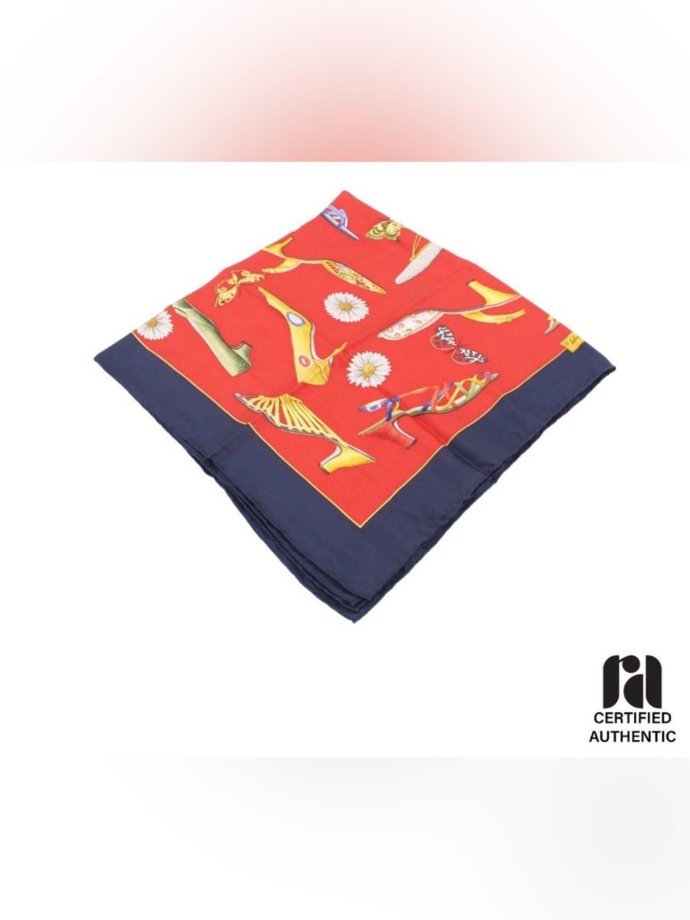 Excellent Condition Ferragamo Red & Navy Silk Scarf with Shoe Motif Includes COA